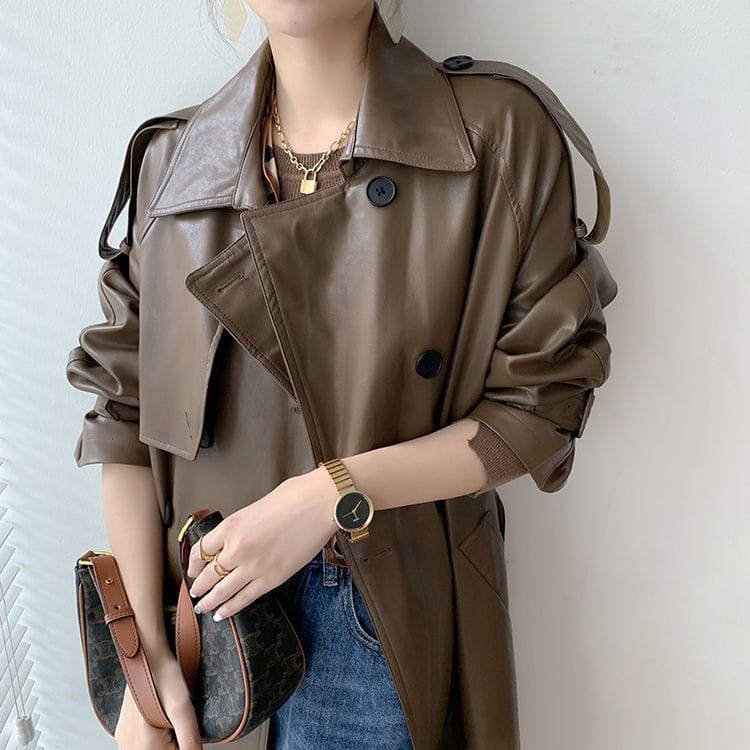 Retro Women’s Mid-length Waist Slimming Pu Coat
