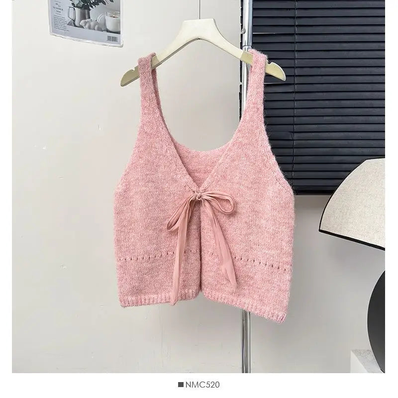 Korean Style Sleeveless Bow Design Double-sided Wear Bandage Dress Vest Sweet