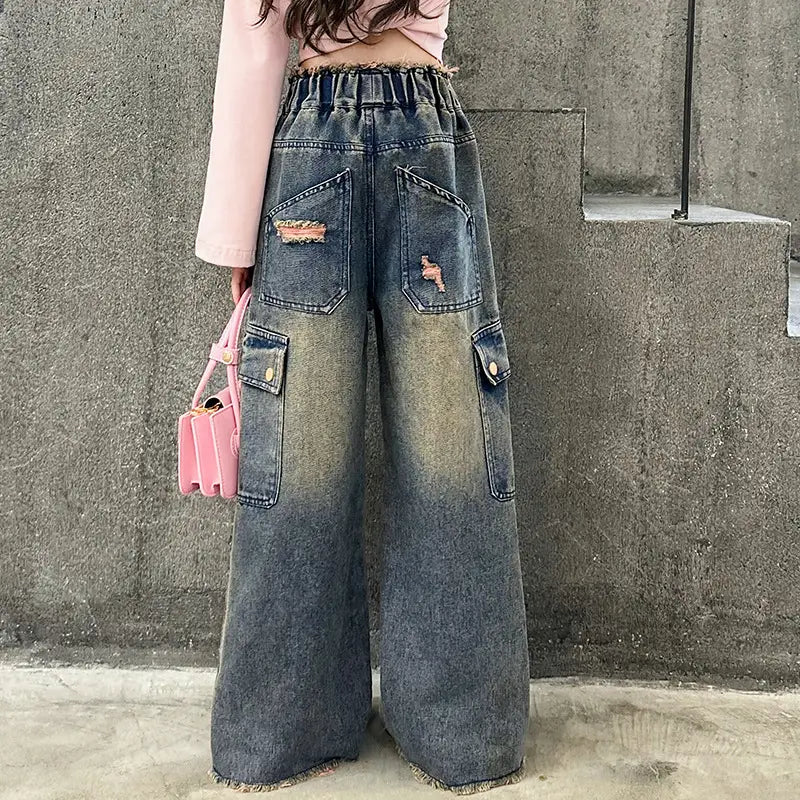Girls’ Fashionable Gradually Varied Pink Broken Holes Pants