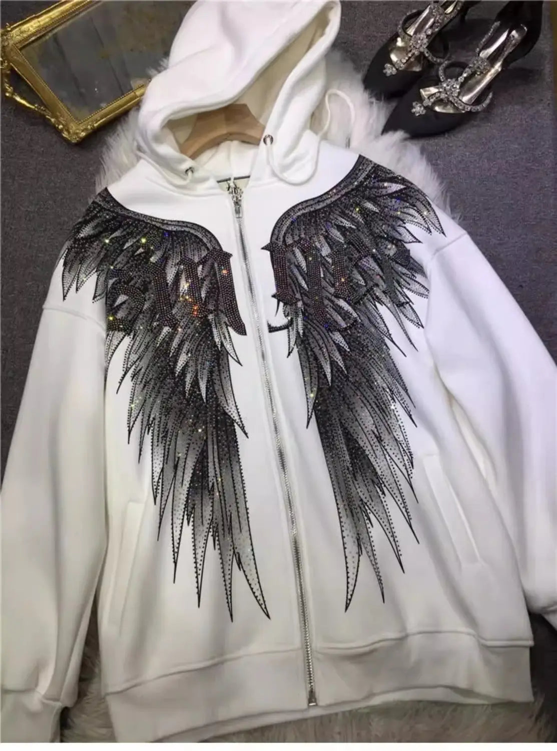 Heavy Embroidery Hot Drilling Light Luxury Front And Rear Wings Hooded Fleece Padded Coat Sweater