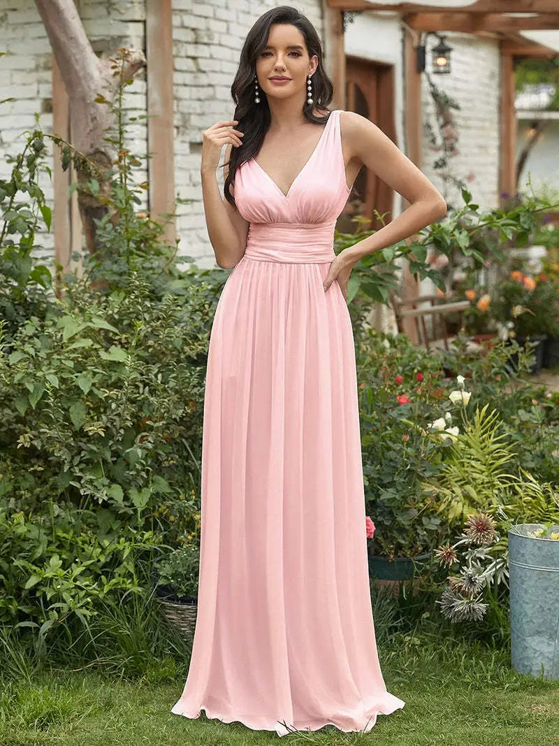 Deep V-neck Bridesmaid Plus Size High Waist Evening Dress