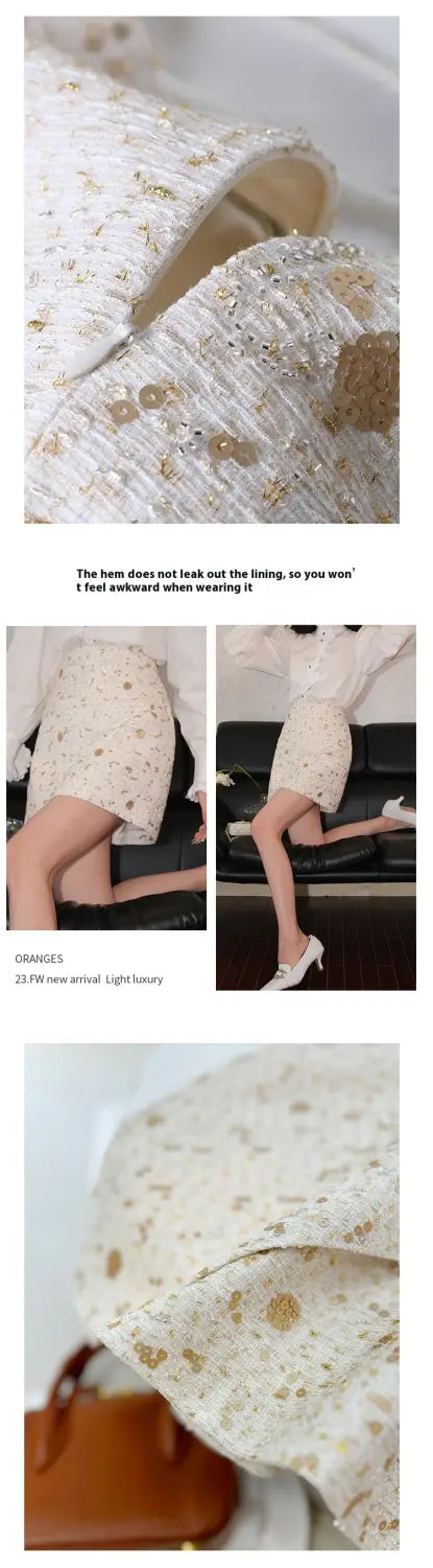 Gold Sequined White A- Line Style Skirt Short Skirt