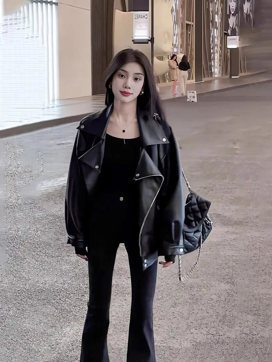 Casual Loose Small Plus Size Black Leather Coat