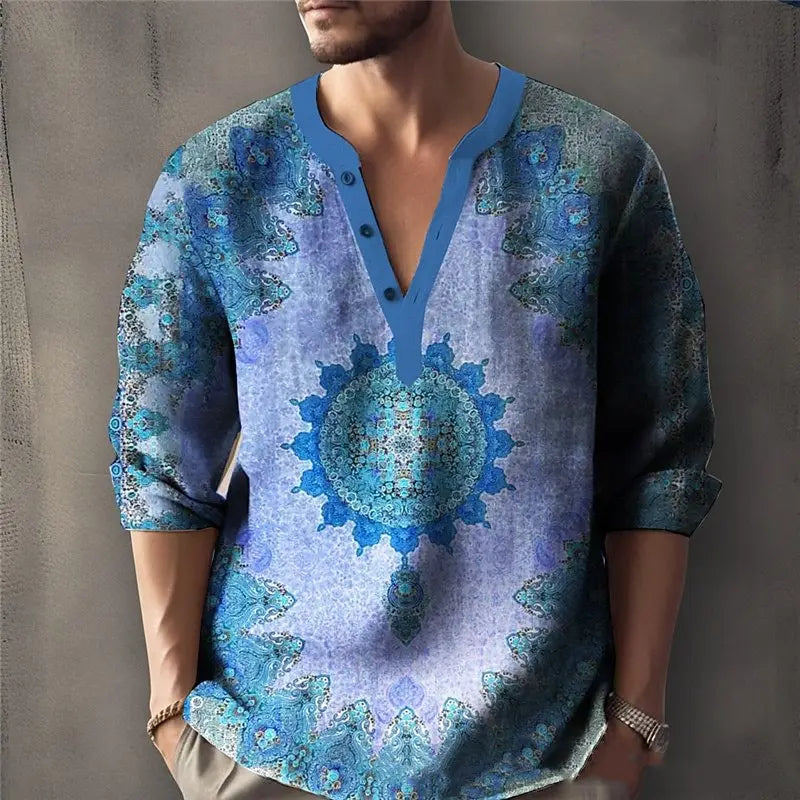 Printed Casual V-neck Men’s Loose Jacquard Sweater Long Sleeve