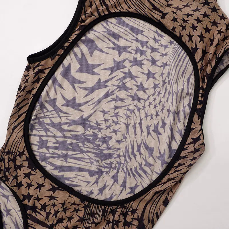 Yarn Pants Printed See-through Sleeveless Backless Bodysuit Trousers