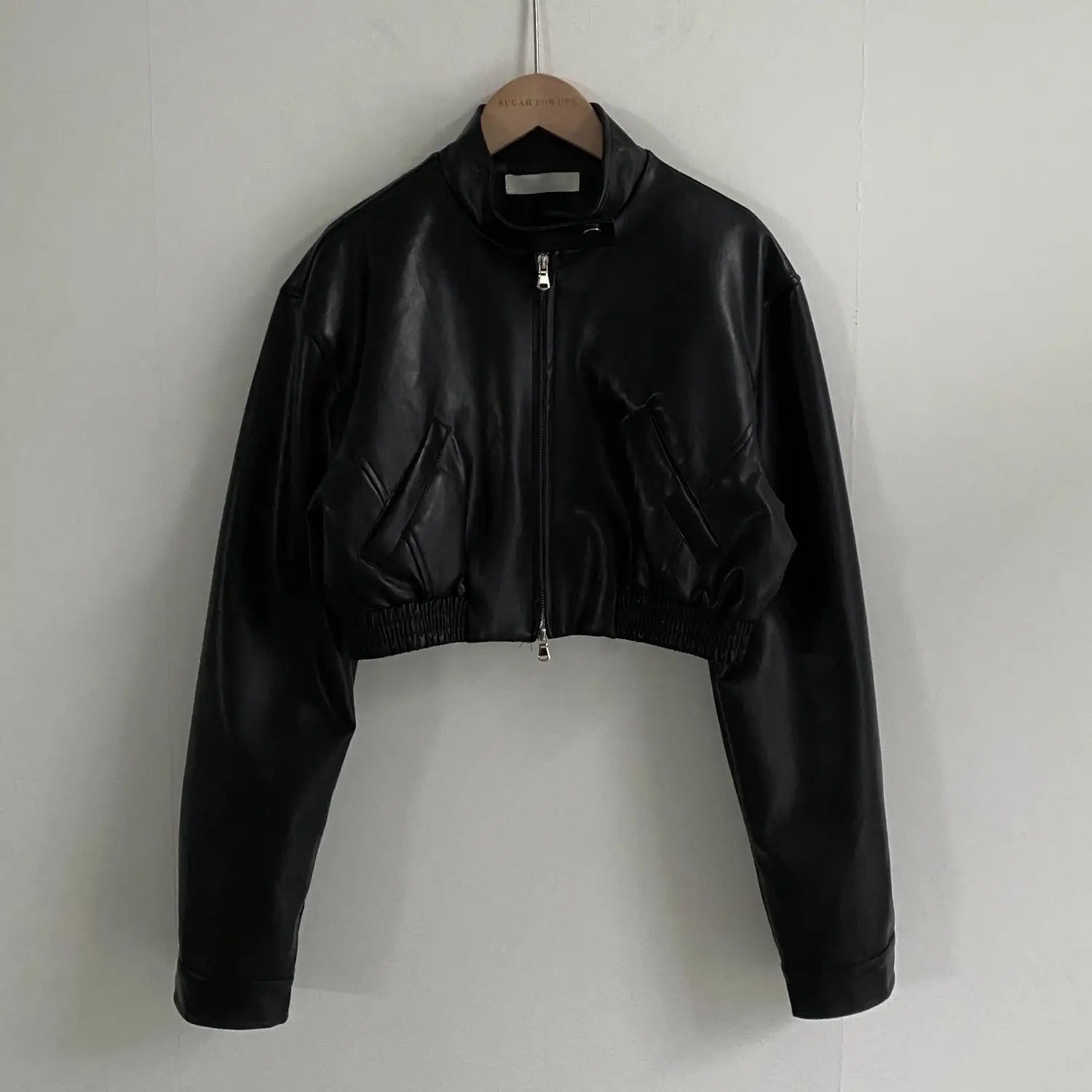 French Style Retro Design Zipped Stand Collar Elastic And Waisted Short Biker’s Leather Jacket Women
