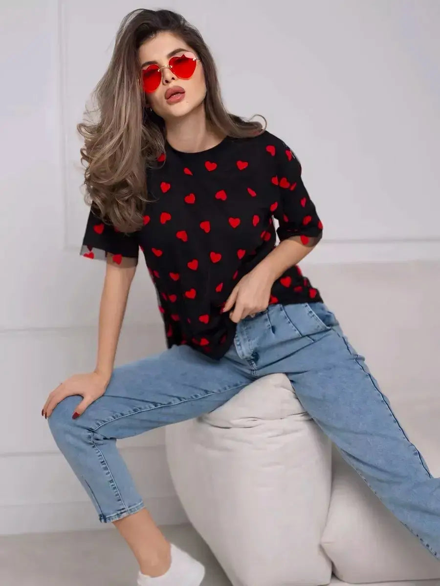 European And American Style Women’s Love Mesh Stitching Loose Basic Style Round Neck Short Sleeve T-shirt