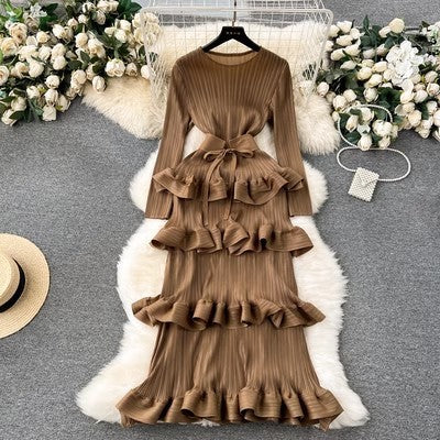 Cake Heavy Industry Pleated Slim Long Dress - Khaki / Average Size