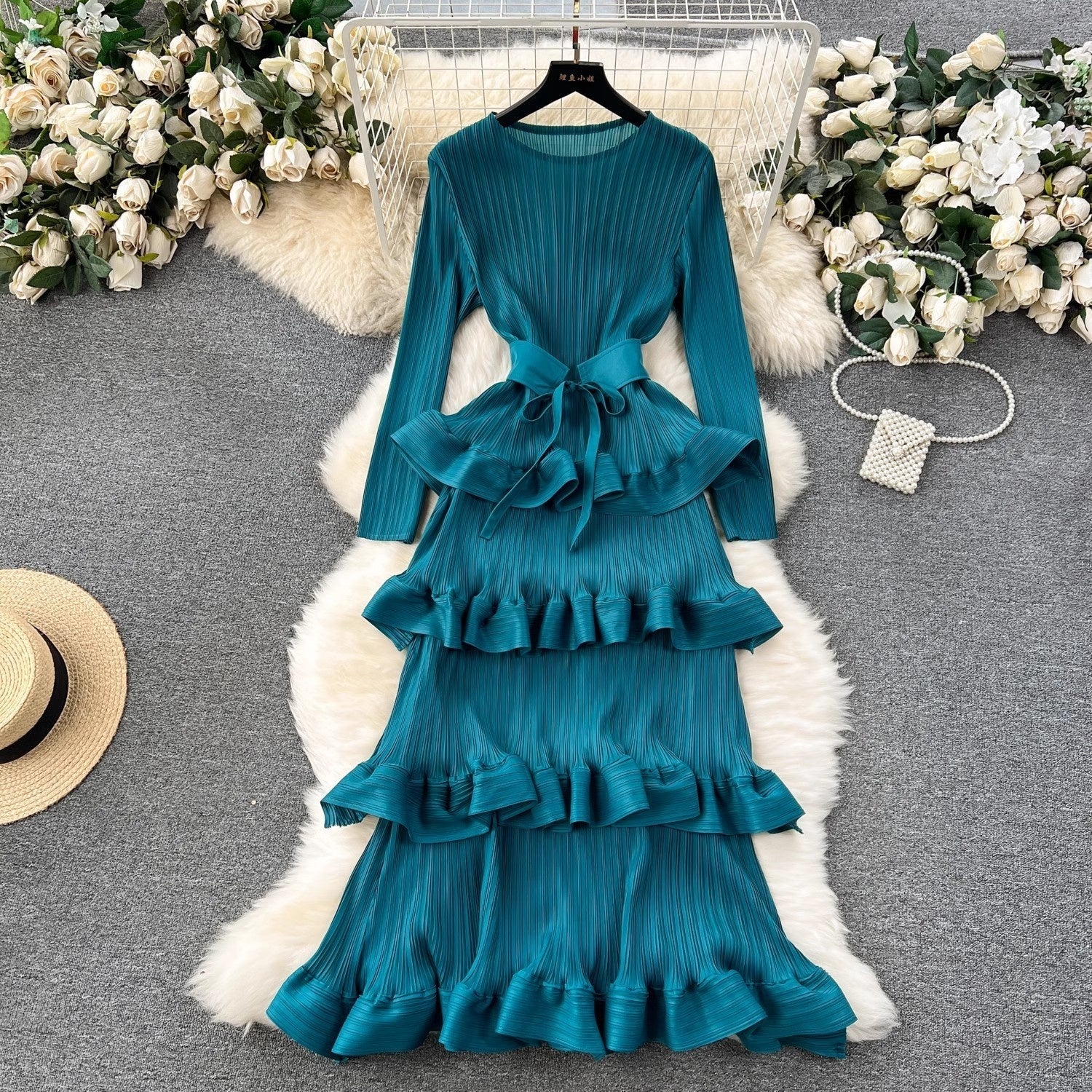 Cake Heavy Industry Pleated Slim Long Dress - Peacock Blue / Average Size