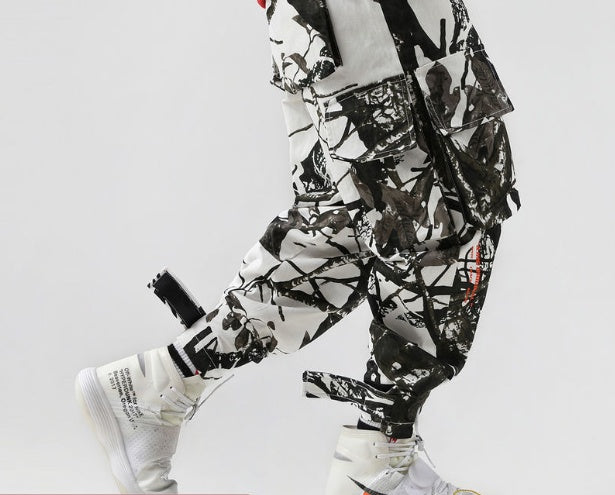 Europe and the United States street loose multi-pocket INS casual beam pants - White / L