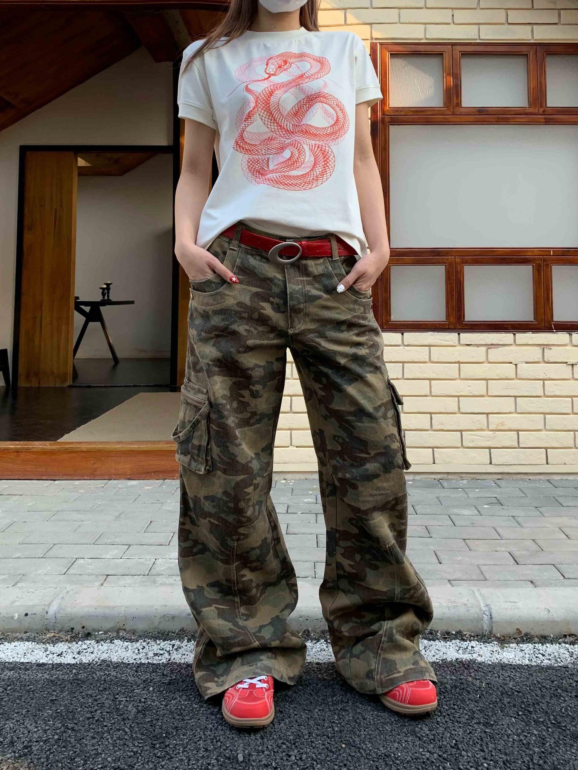 Camouflage Zipper Three-dimensional Pocket Denim Overalls - Coffee Green / S