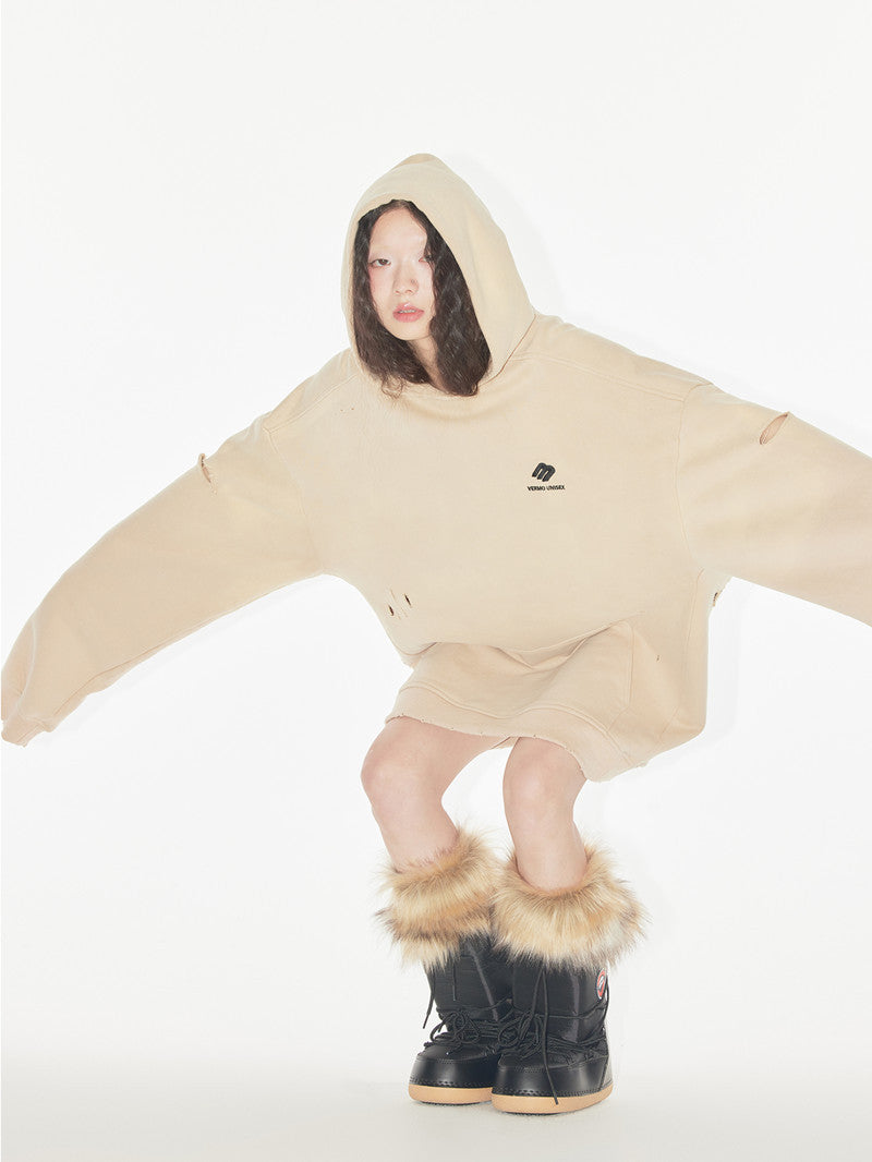 Worn Out And Torn Soft Comfortable Loose Hoodie - Khaki / S