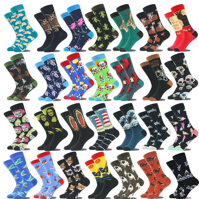Men’s Cartoon Animal Retro Oil Painting Mid-calf Socks
