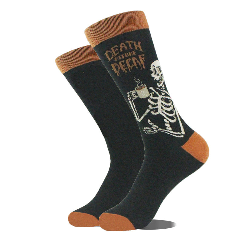Men’s Cartoon Animal Retro Oil Painting Mid-calf Socks - Tea Cup Skull / Average Size