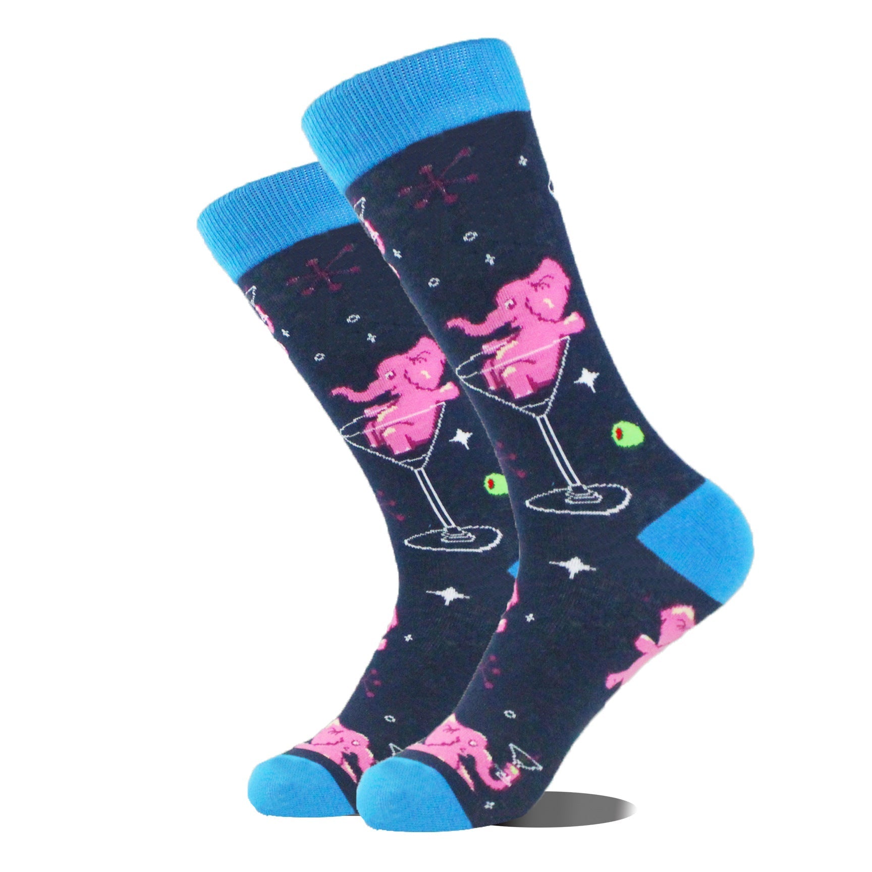 Men’s Cartoon Animal Retro Oil Painting Mid-calf Socks - Wine Glass Elephant / Average Size