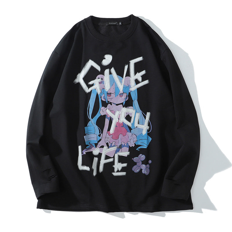Loose two-dimensional cartoon long sleeves - Black / M