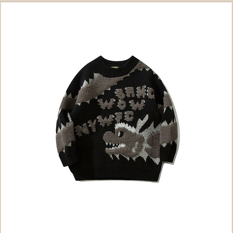 Cartoon Xiaolong Loose Round Neck Sweater Sweater - Black / L