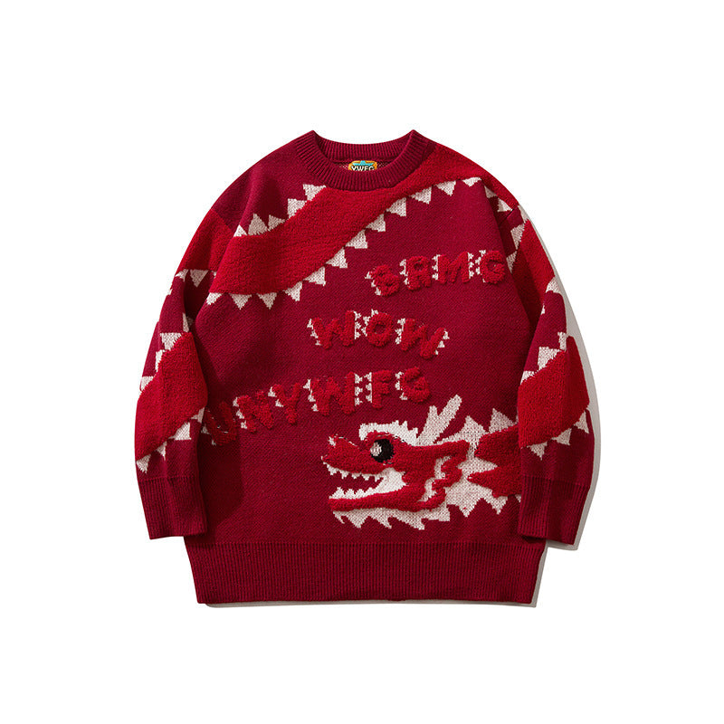 Cartoon Xiaolong Loose Round Neck Sweater Sweater - Red / L