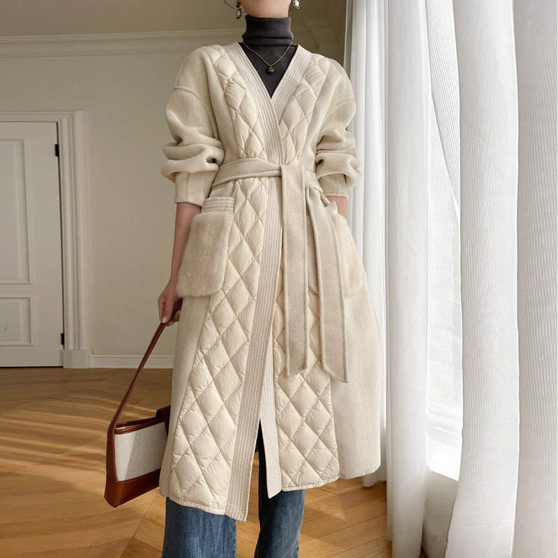 Cashmere Coat Down Jacket Women’s Stitching White Goose Down Mid-length Coat