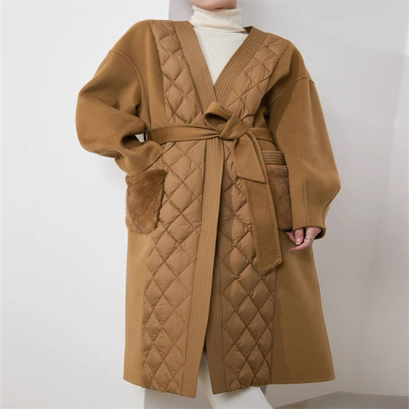 Cashmere Coat Down Jacket Women’s Stitching White Goose Down Mid-length Coat