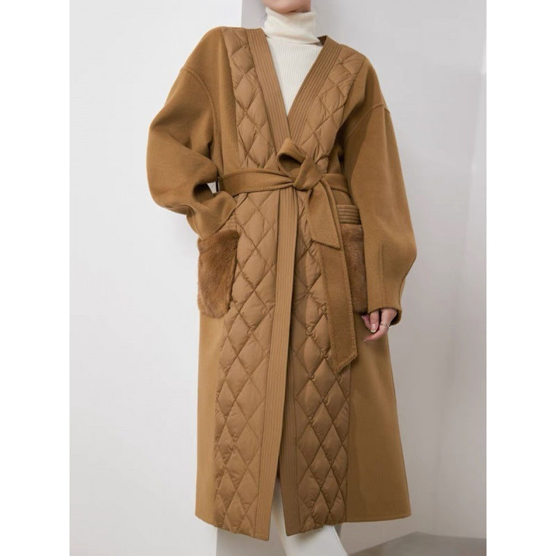 Cashmere Coat Down Jacket Women’s Stitching White Goose Down Mid-length Coat