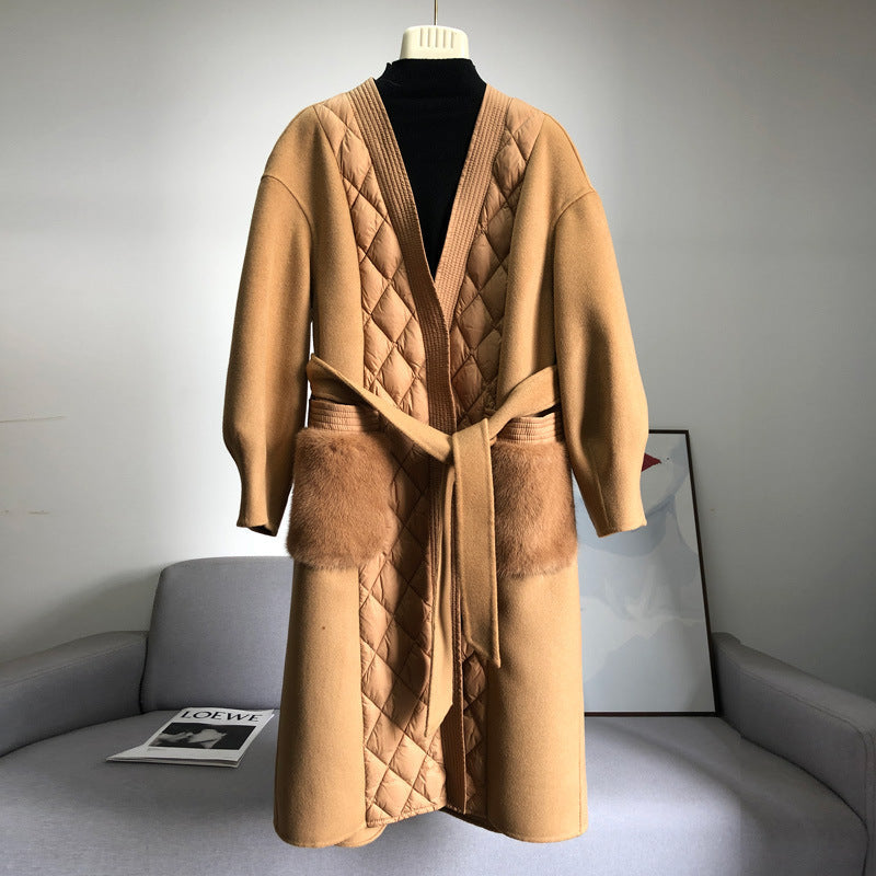 Cashmere Coat Down Jacket Women’s Stitching White Goose Down Mid-length Coat - Khaki / S