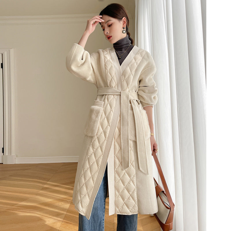 Cashmere Coat Down Jacket Women’s Stitching White Goose Down Mid-length Coat