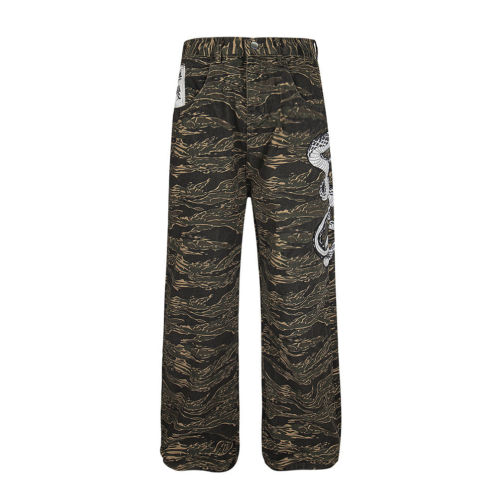 Casual All-match Camouflage Snake Year Limit Denim Paratrooper Pants - Brown / S