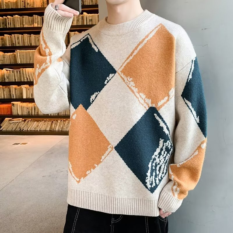 Casual Autumn And Winter Thickened Sweater Men’s Round Neck Lazy Trendy Bottoming Shirt - Apricot / M