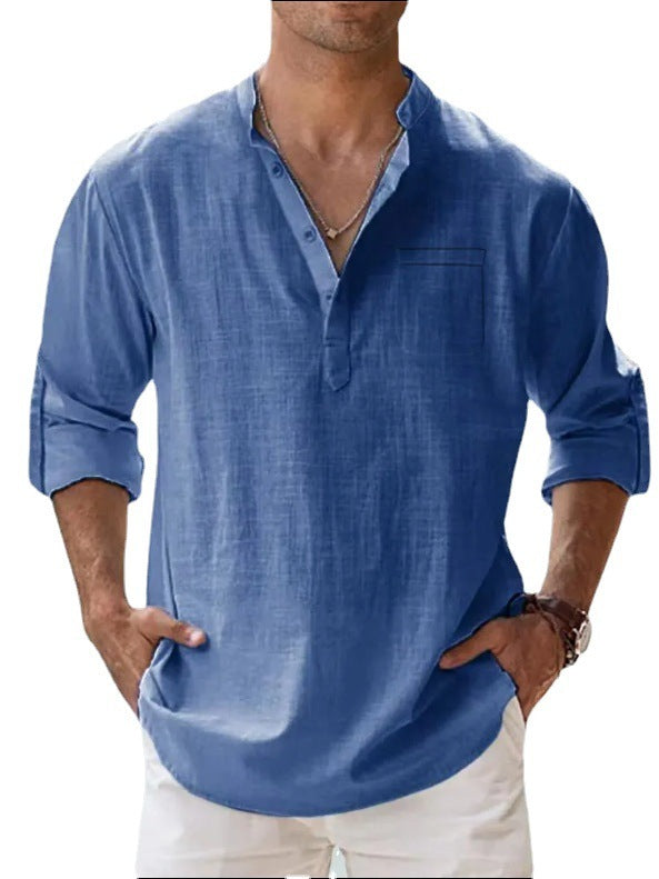 Casual Men’s Loose Fitting Shirt With Long Sleeves - Blue / S