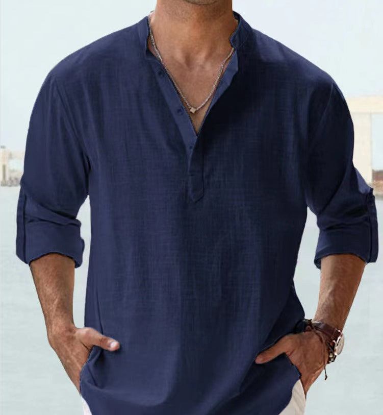 Casual Men’s Loose Fitting Shirt With Long Sleeves - Navy Blue / XL