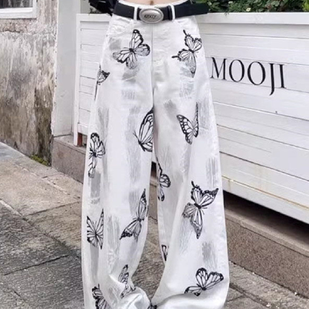 Casual Pants Butterfly Tie-dyed Wide-leg Women’s White