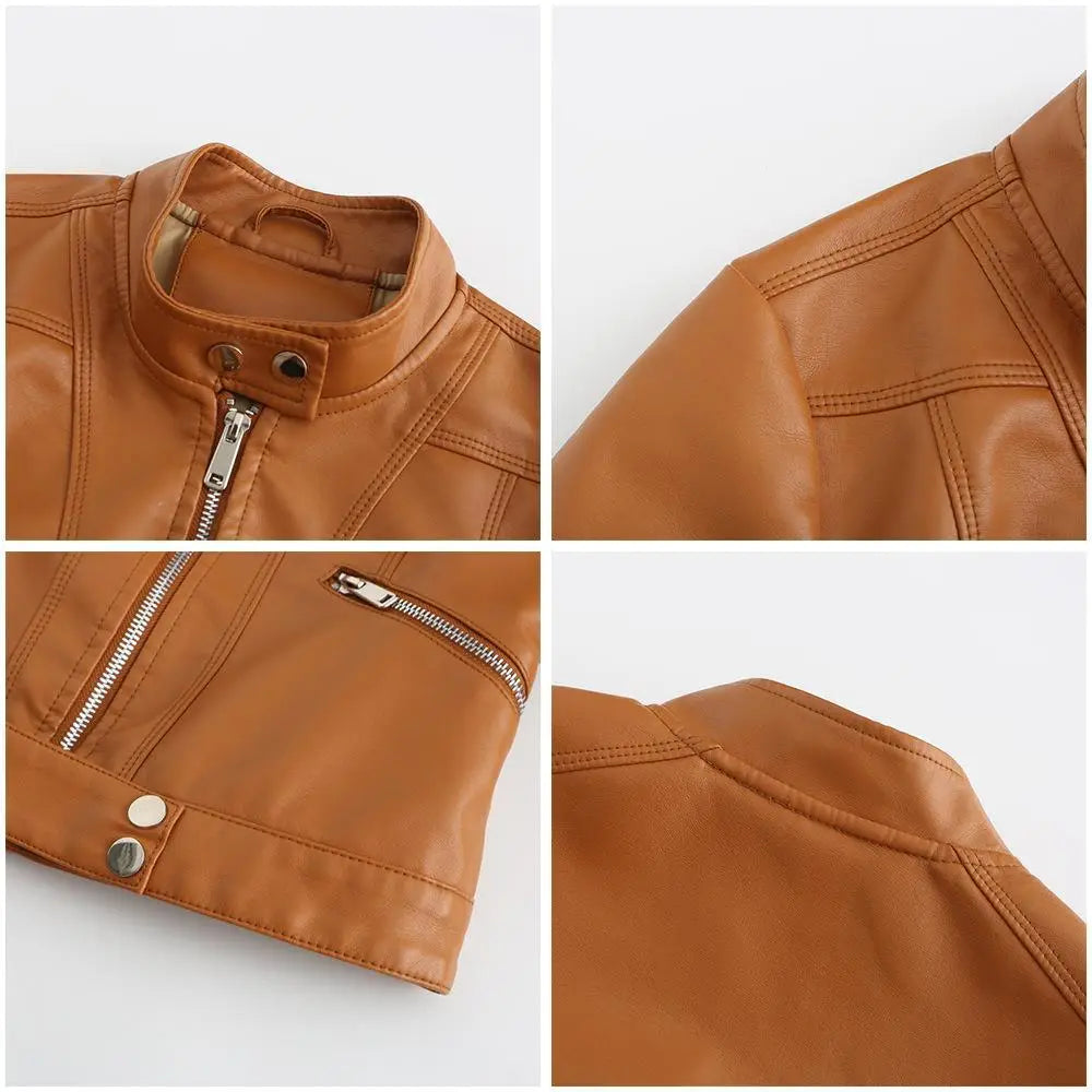 Women’s Short Leather Jacket Stand Collar Jacket Thin