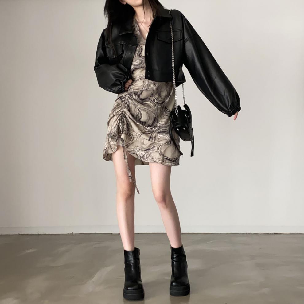 Chic Lapel Double Pocket Leather Top Leather Coat