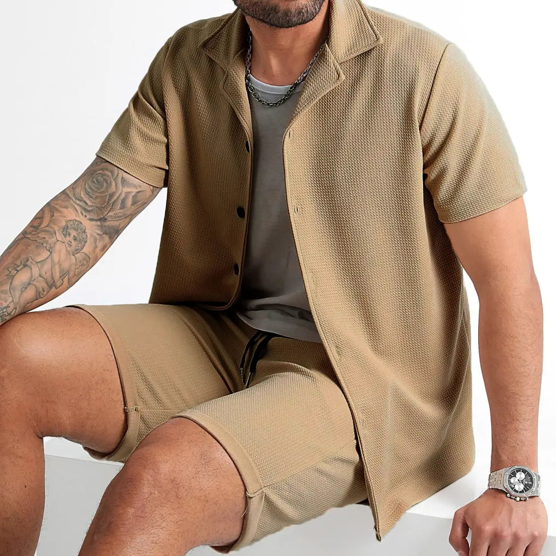 Daily Casual Short Sleeve Cardigan Shirt Men’s Suit Solid Color Summer