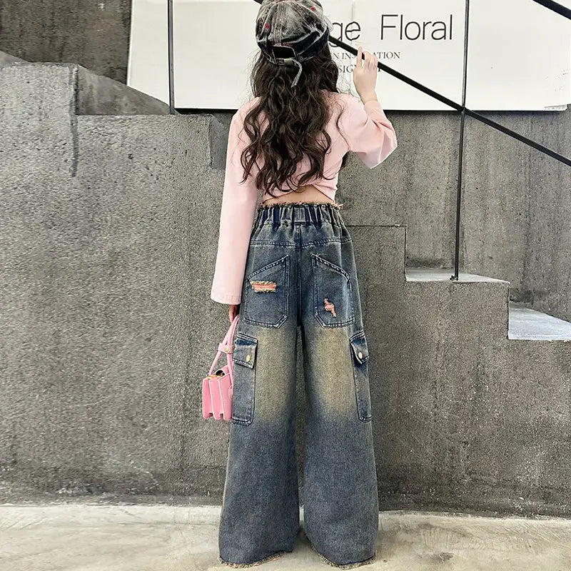 Girls’ Fashionable Gradually Varied Pink Broken Holes Pants