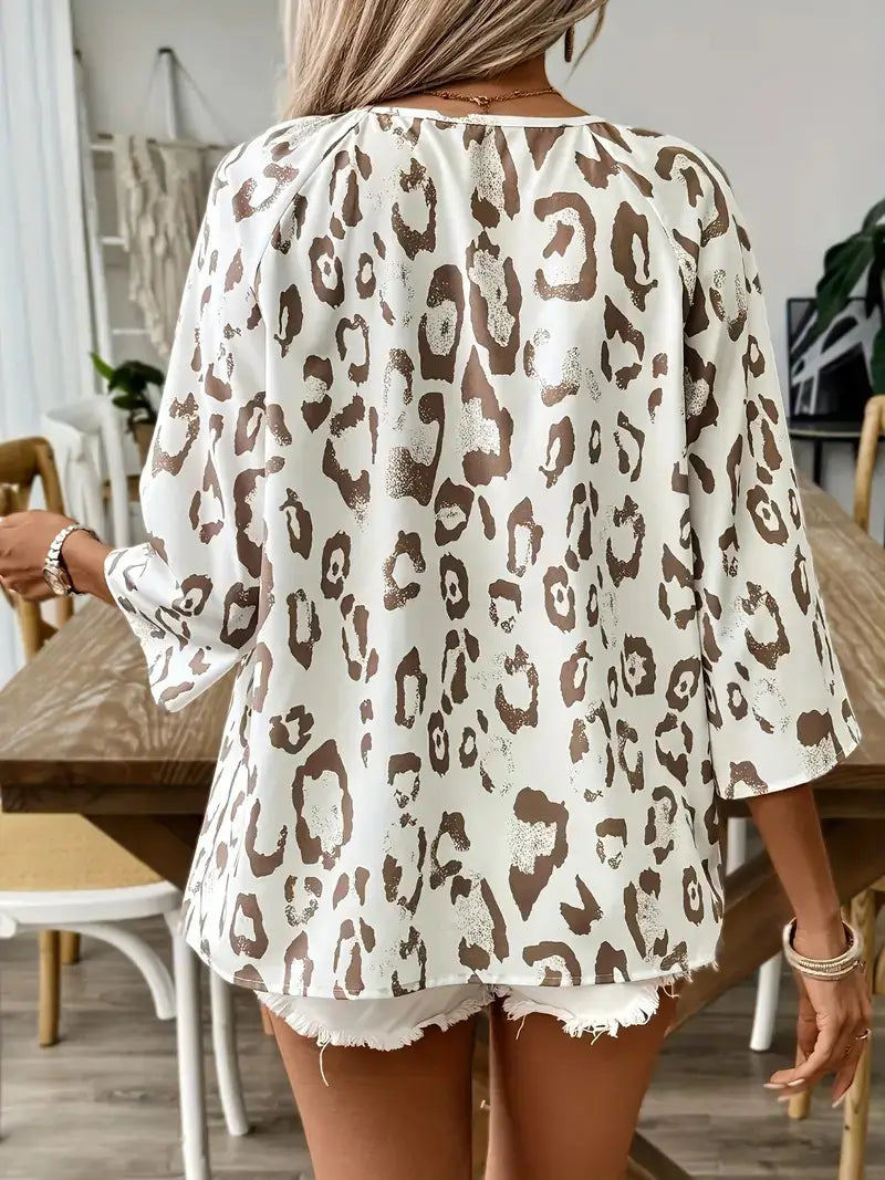 Spring And Summer Women’s Top Leopard Print V-neck Pleated Seven Quarter Sleeve Shirt Temperament Commuting