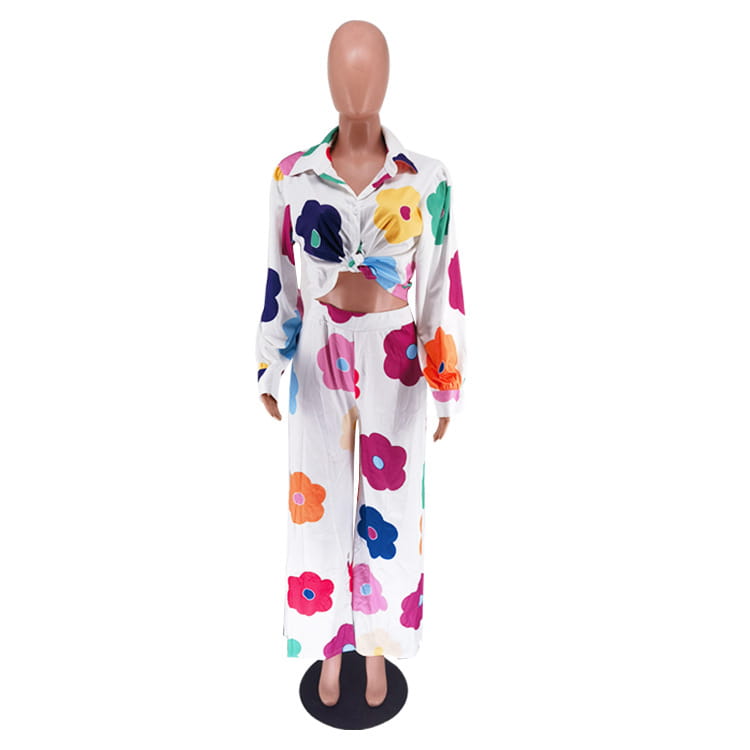 Women’s Fashion Casual Digital Printed Flowers Blouse And Pants