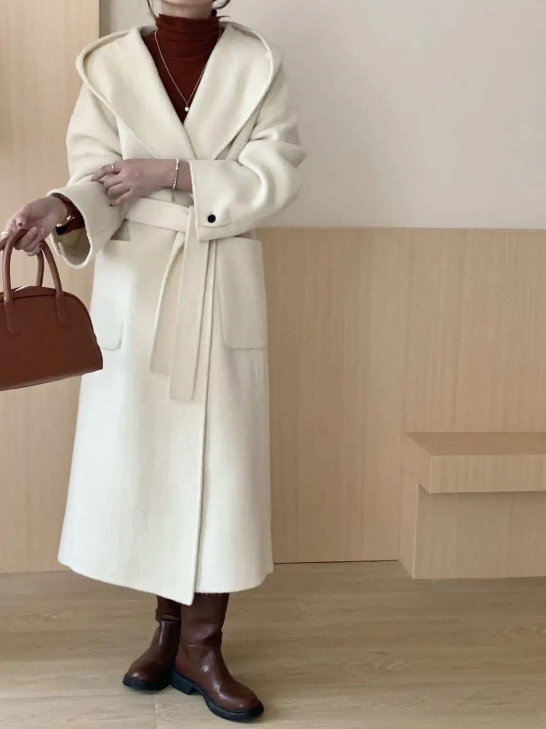 Solid Color Hooded Double-sided Wool Overcoat Women