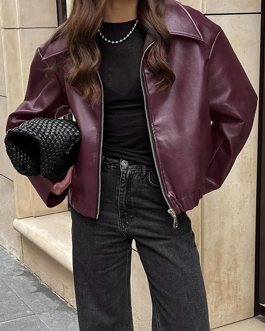 Retro Biker’s Style Wine Red European And American Handsome Matte Leather Jacket Coat