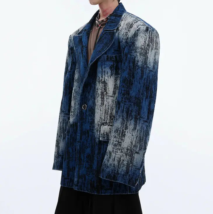 Tie-dyed Distressed Design Padded Shoulder Suit Jacket Loose