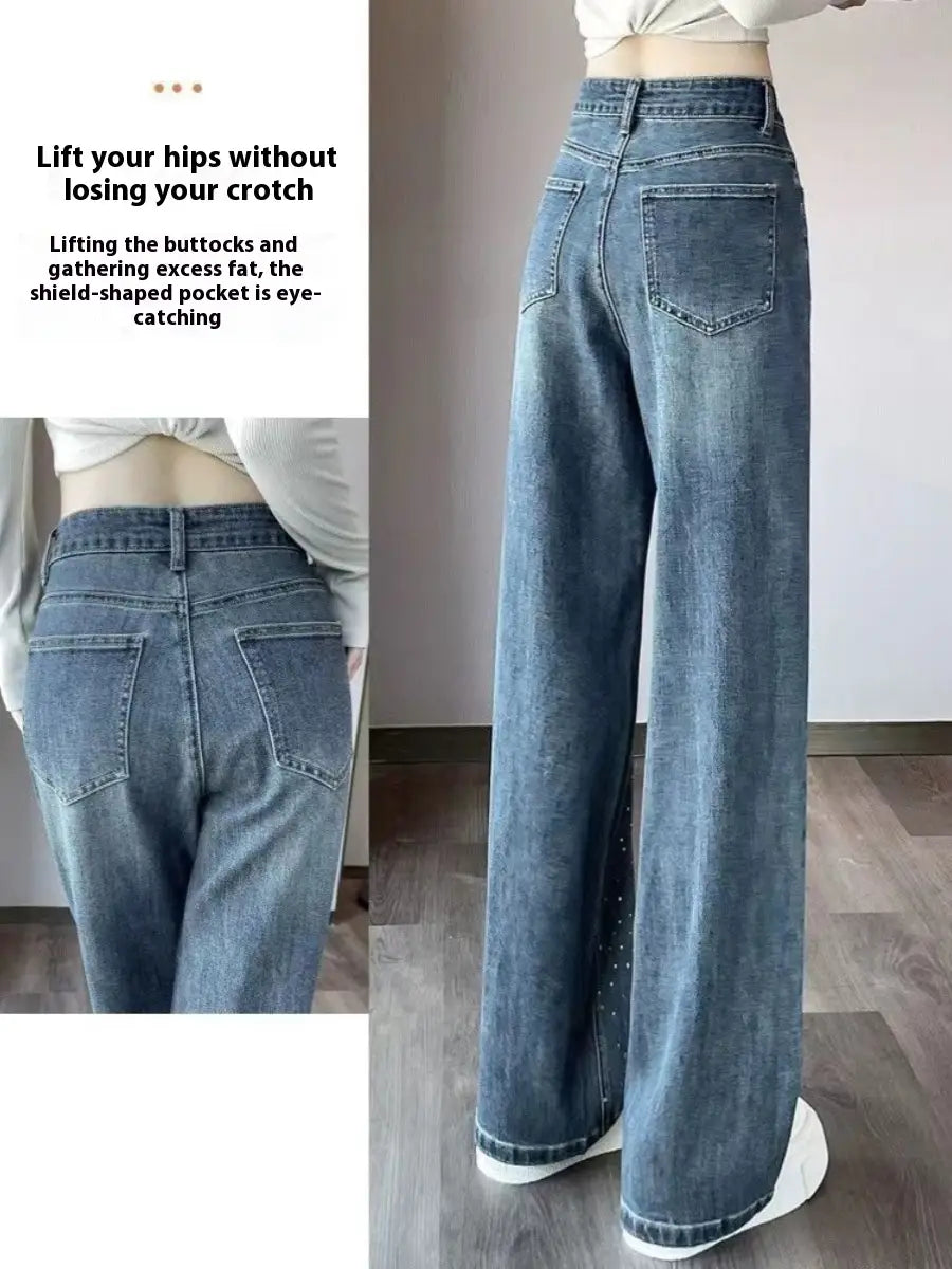 Korean Style Rhinestone High Waist Narrow Wide Leg Jeans