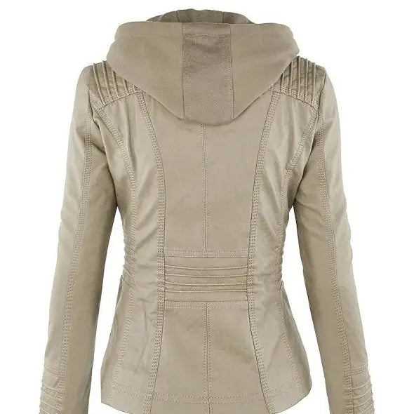 Women’s Detachable Lapel Long Sleeve Solid Color Zipper Leather Jacket Coat