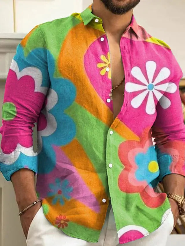 Gradient Digital Printing Lapel Long Sleeve Shirt Men