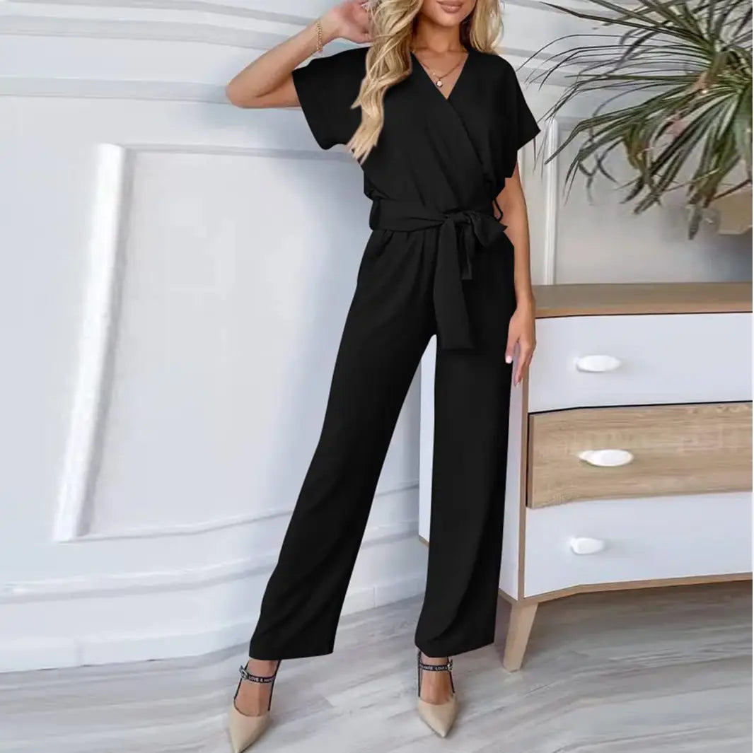 Women’s Short-sleeved V-neck Pocket Jumpsuit