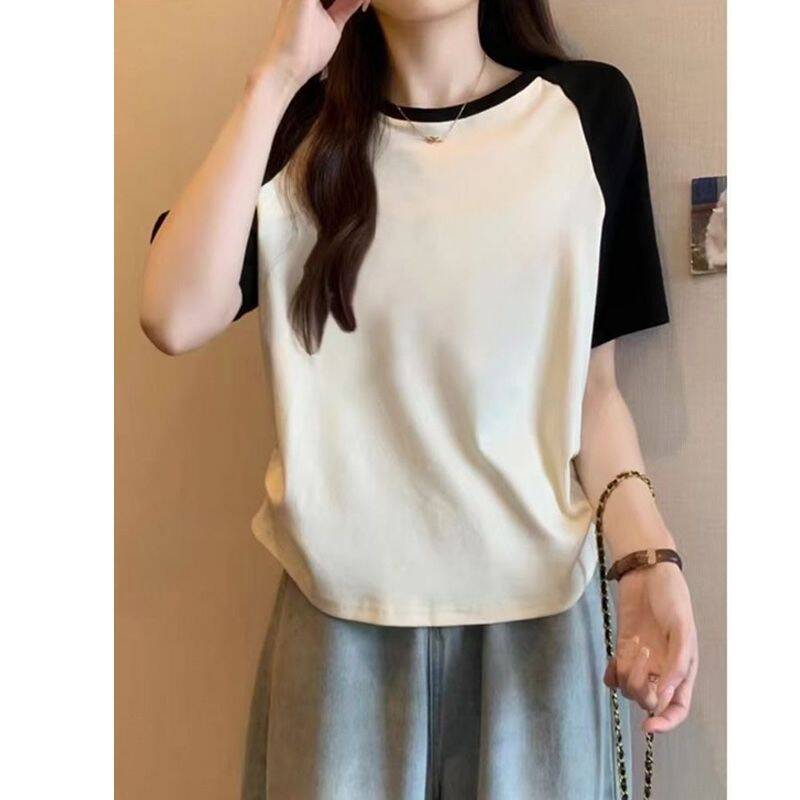 Women’s Cotton Stretch Crew Neck Short Sleeve Stitching Top