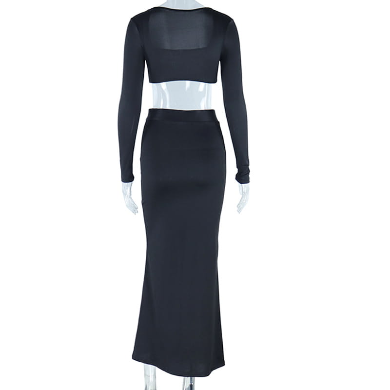 Wrapped Chest Square Collar Long Sleeve Navel Skirt