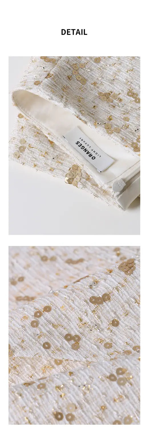 Gold Sequined White A- Line Style Skirt Short Skirt