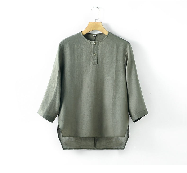 Casual Linen Men’s Simple Round Neck 34 Sleeves Linen T-shirt Loose Breathable Top
