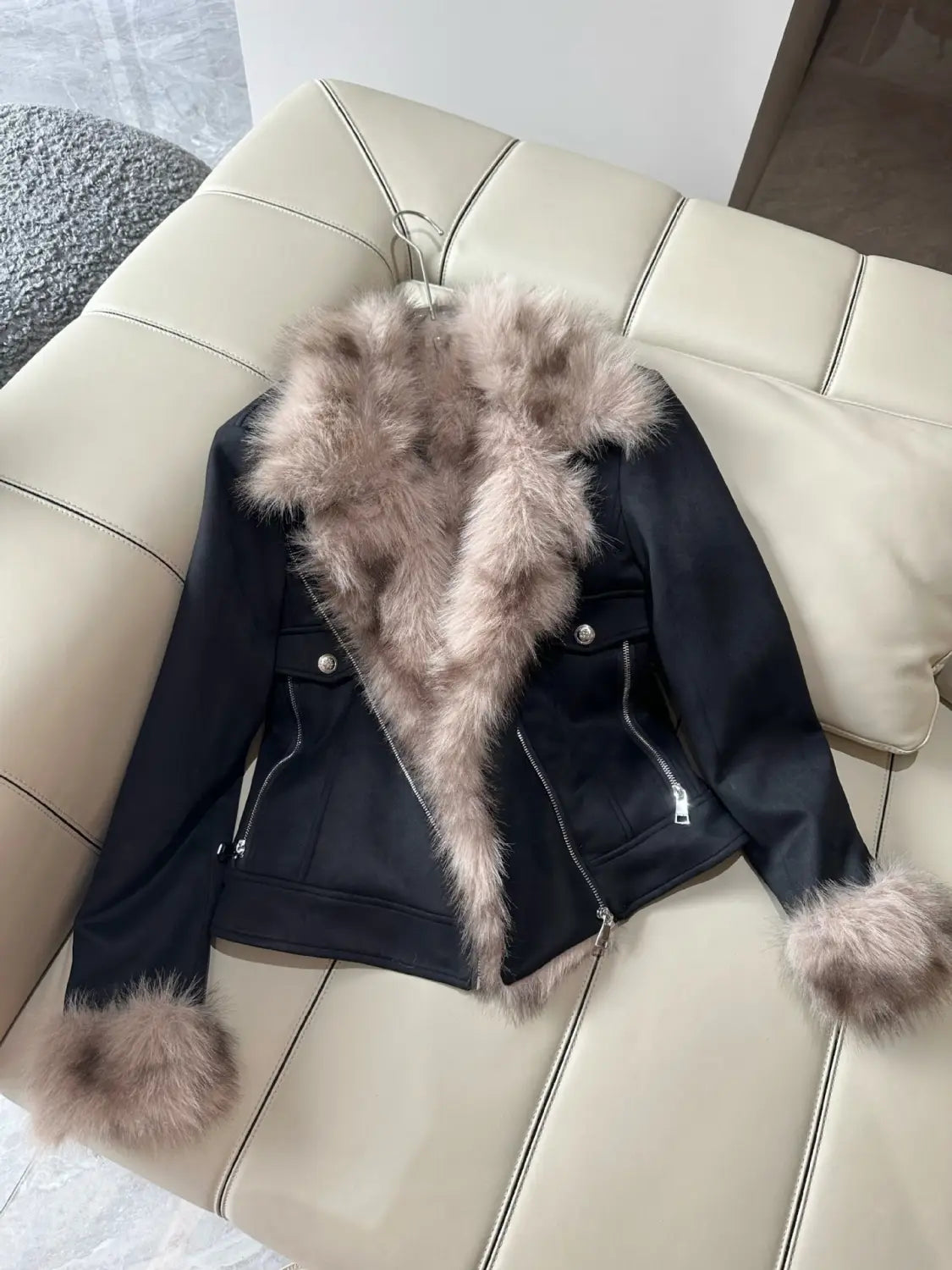 Winter Black Fur Motorcycle Warm Jacket